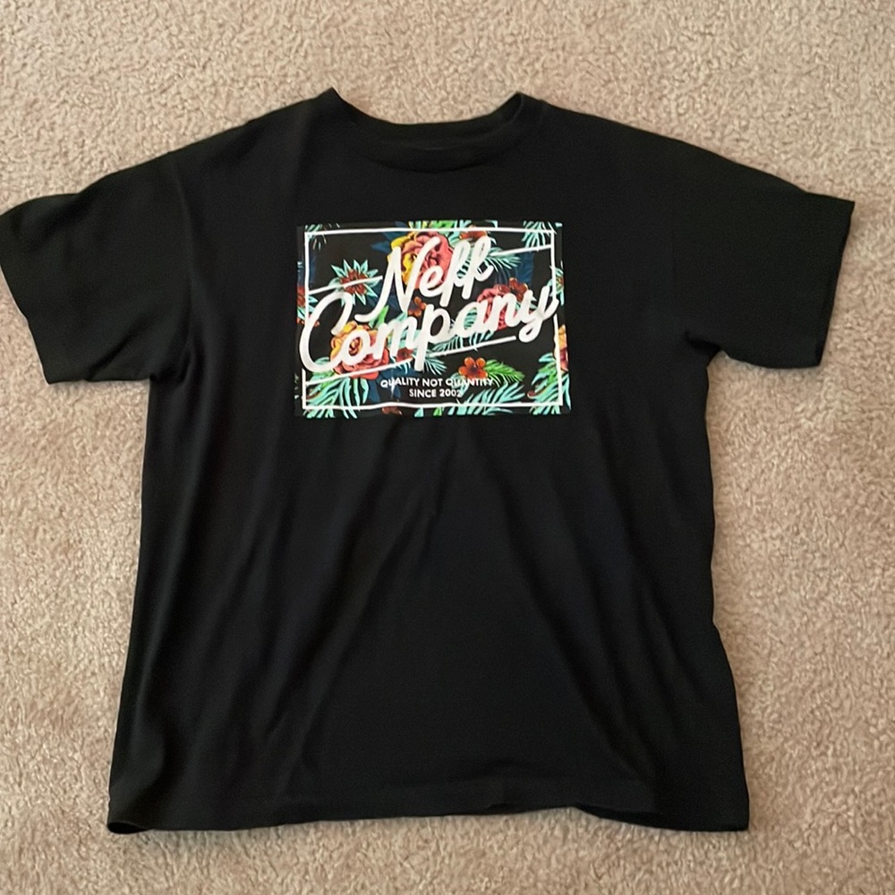 A short sleeve black t-shirt with a multi-colored design